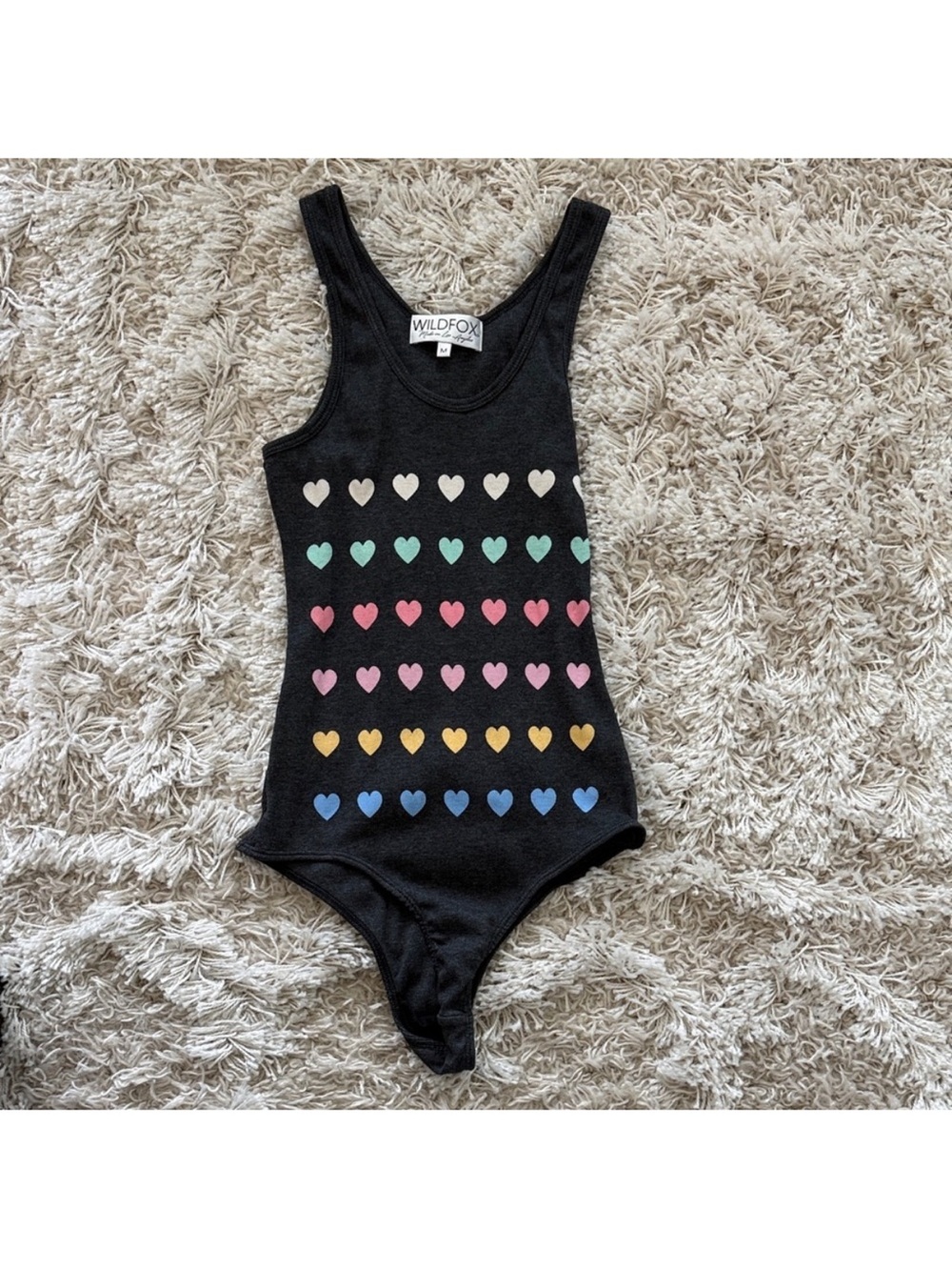 Wildfox Pastel Multi Heart Scoop Neck Ribbed Bodysuit